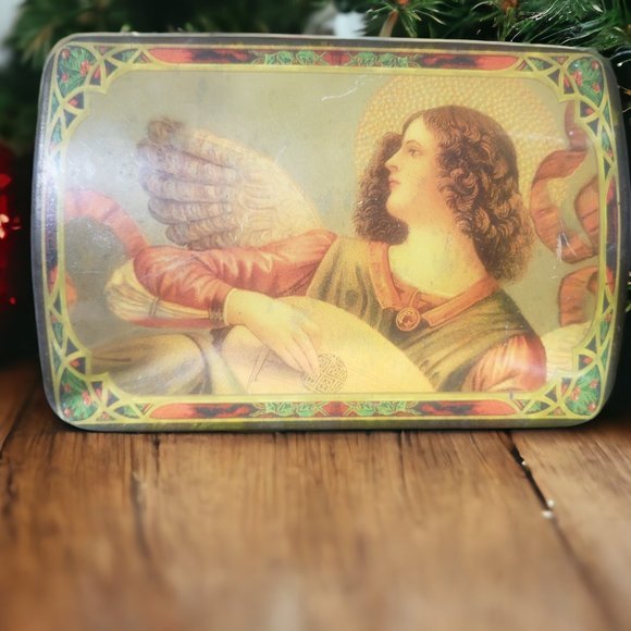 Hinged Vintage Christmas Tin Box with Angel and Mandolin on the Lid - Picture 4 of 9